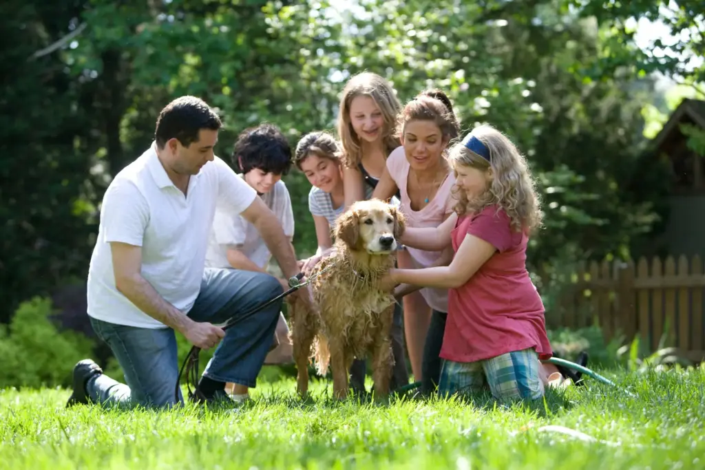 large family washing their dog together